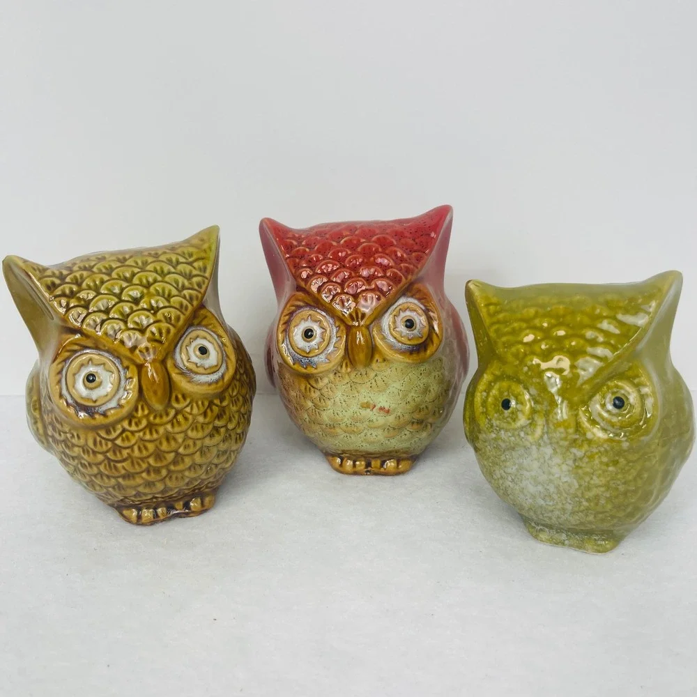Vintage Style Ceramic Owl Figurines Set of 3 Retro Glaze Bird Yellow Red Green